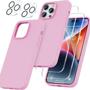 Capa Silicone Rosa iPhone 15 Pro Max com 2 película vidro temperado 2 película camera